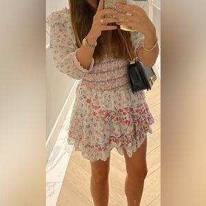 LoveShackFancy Multicolor Smocked Floral Asymmetrical Ruffle Mini Dress